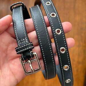 Black Leather Coach Belt with White Contrast Stitching